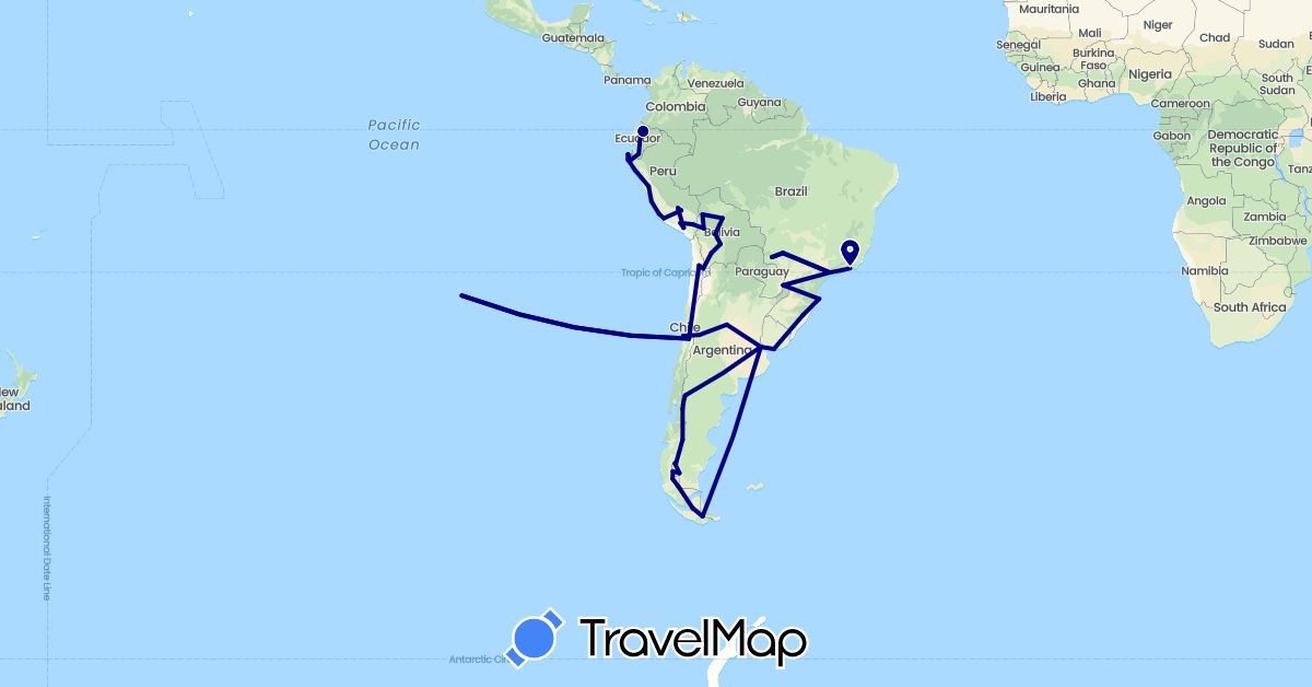 TravelMap itinerary: driving in Argentina, Bolivia, Brazil, Chile, Ecuador, Peru, Uruguay (South America)