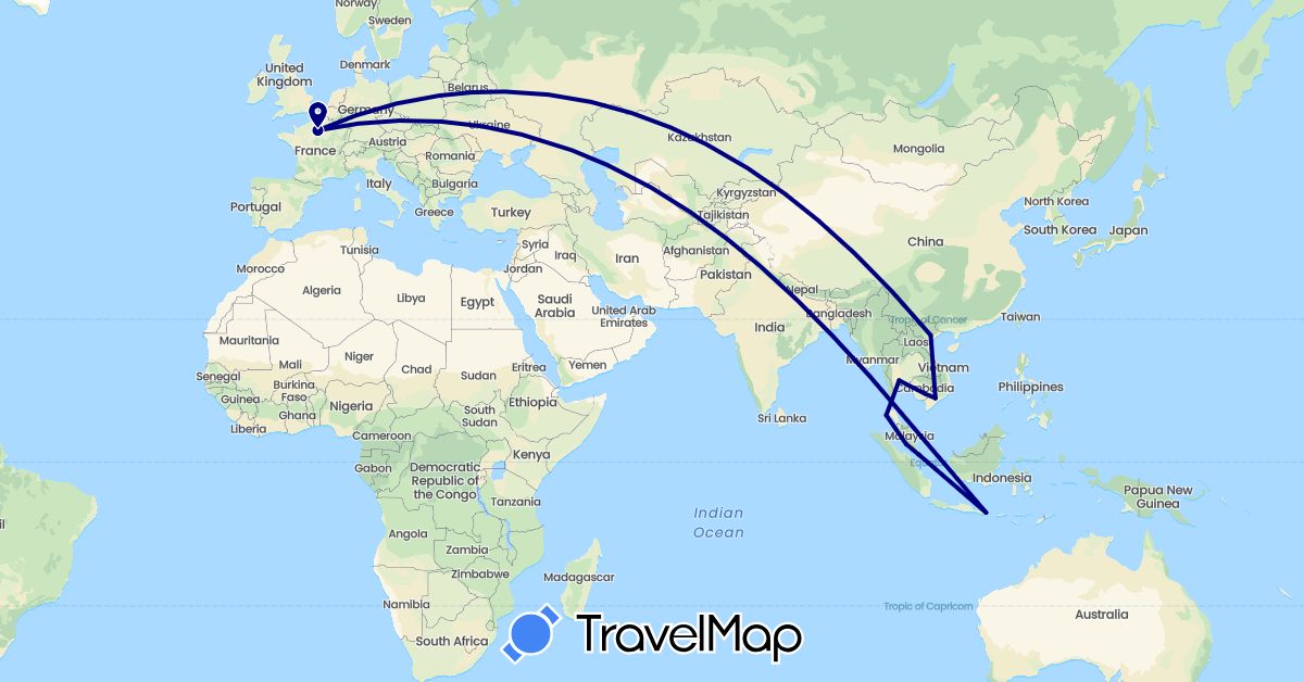 TravelMap itinerary: driving in France, Indonesia, Cambodia, Malaysia, Singapore, Thailand, Vietnam (Asia, Europe)
